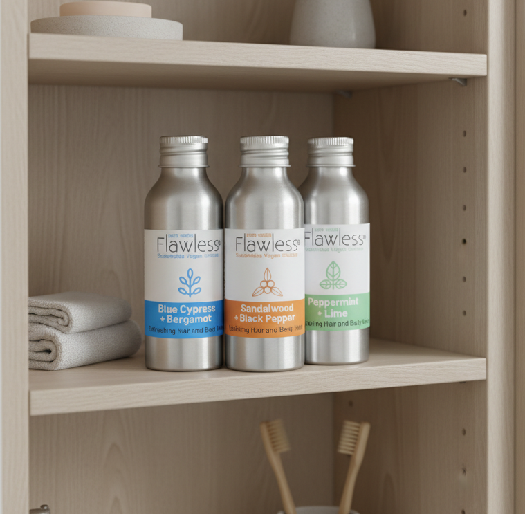 Three silver bottles of Flawless skincare products with labels indicating different scents.