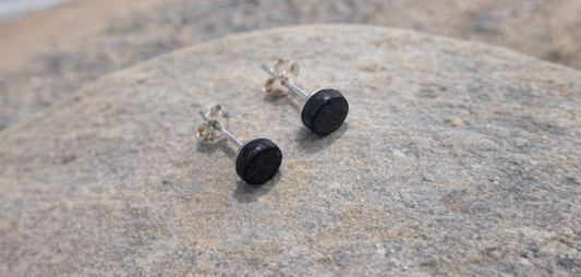 Pair of earrings on a rock with a beach and ocean in the background