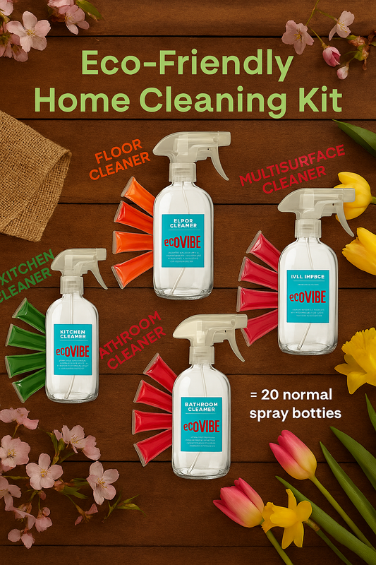 EcoVibe Reusable Glass Spray Bottle Cleaning Bundle – 4 Bottles + 20 Refills