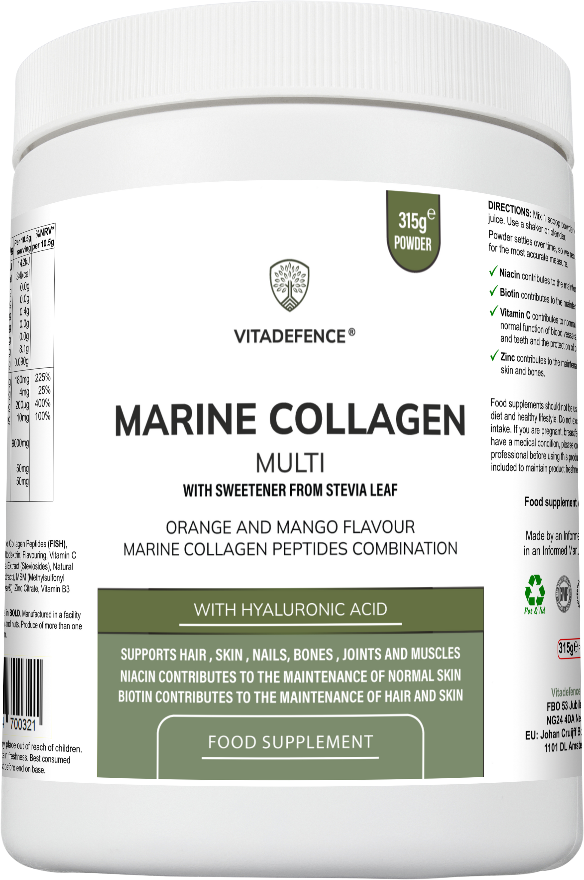 Vitadefence® Marine Collagen Multi – Orange & Mango Flavoured Powder - 315g-1