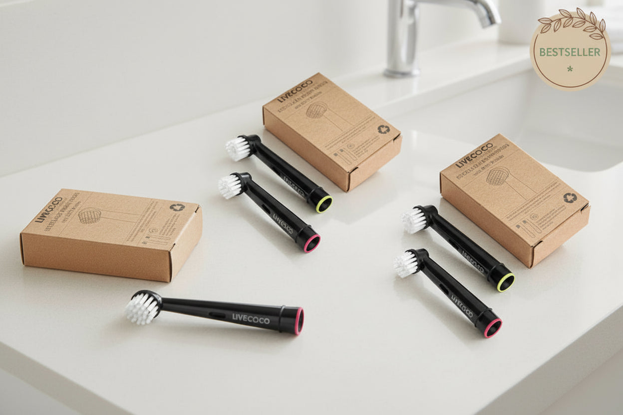 Black toothbrushes with pink accents on a white countertop next to cardboard boxes.