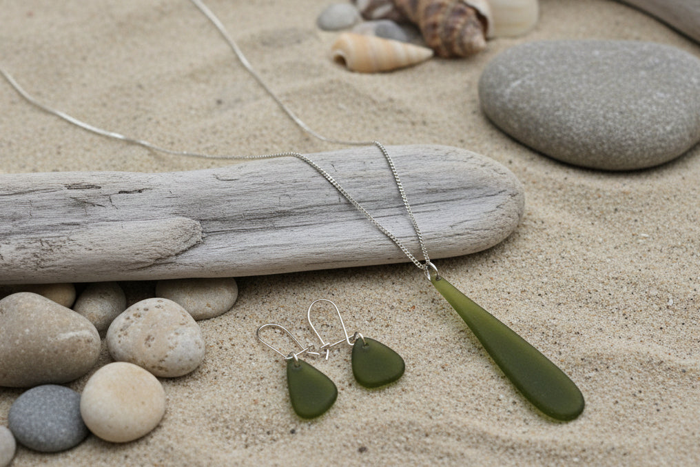 🌊 Seaglass & Recycled Silver Jewellery Set